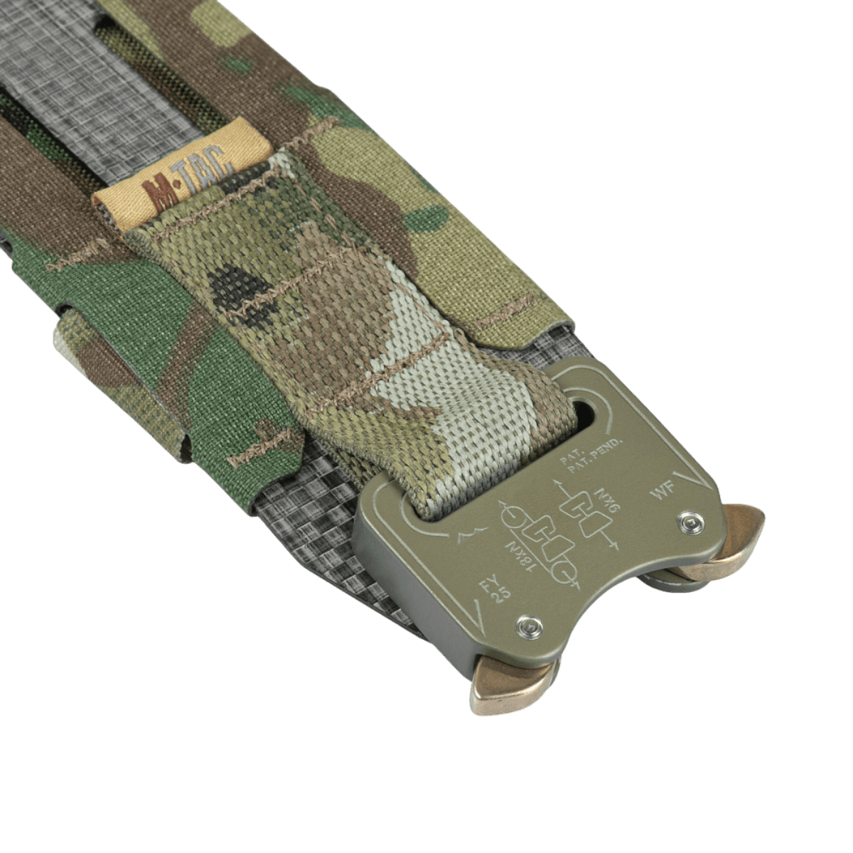 M-Tac Tiger Bælte Cobra Buckle med camoufleret design og robust spænde, ideelt til MOLLE-udstyr og taktisk brug.