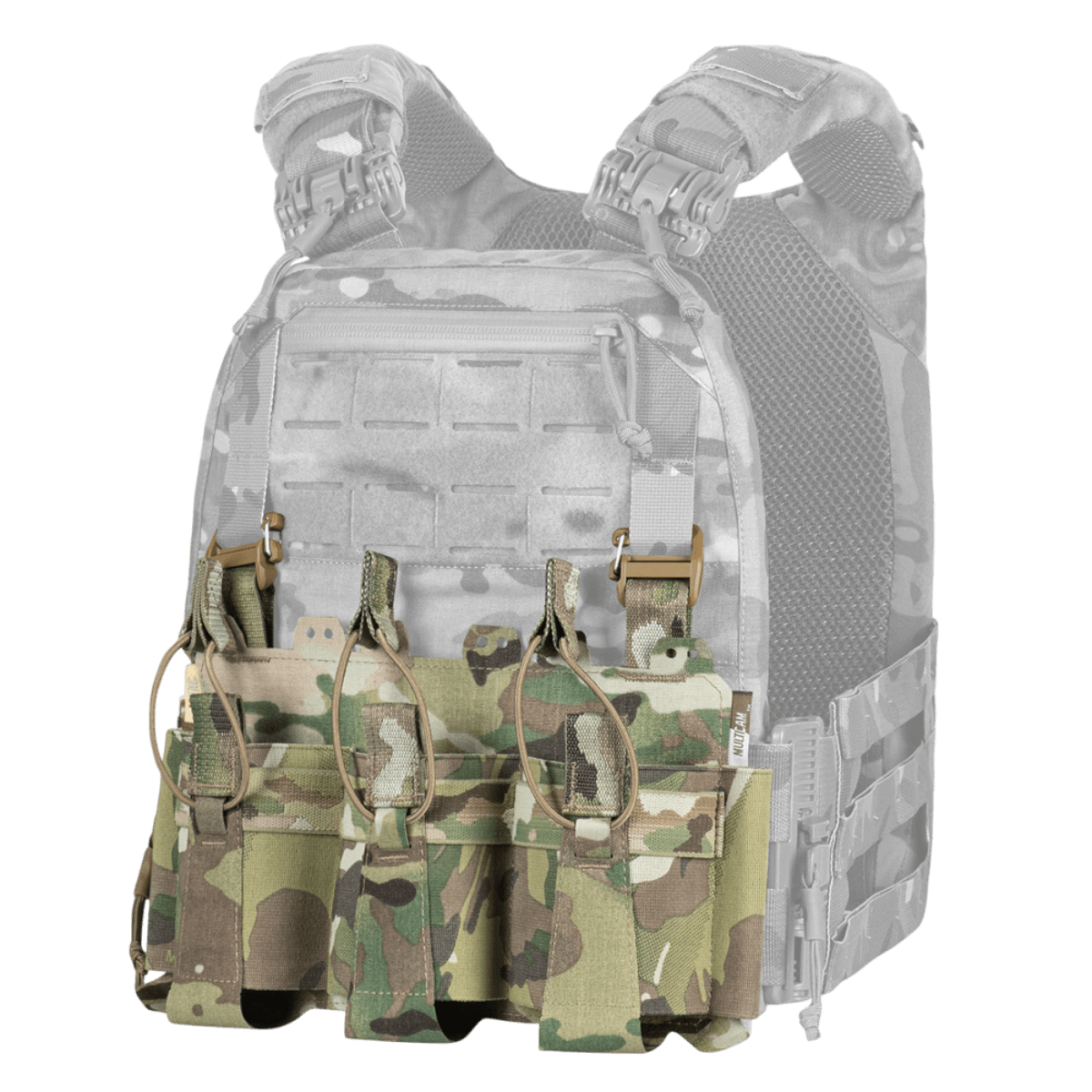 M-Tac Frontpanel til Cuirass QRS Pladebærer Tre Magasiner elastisk mag taske til AK/AR magasiner i Camouflage design.