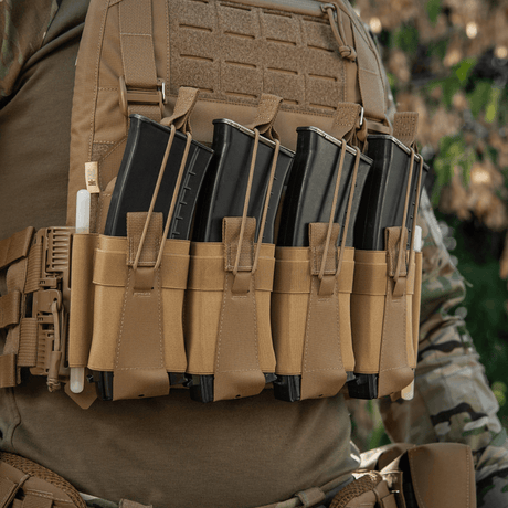 M-Tac frontpanel till Plate Carrier Cuirass QRS för 4 magasin i slitstarkt elastiskt material, NIJ-certifiering, funktionell placering, galleri position 1.