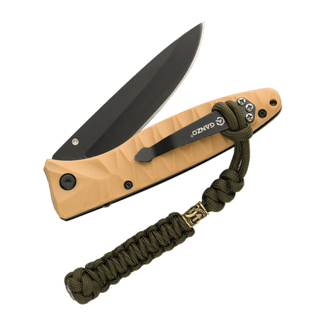 M-Tac Knife Lanyard Loopy Snake Scandinavian i flätad paracord, fäst vid fickkniv med brunt handtag och svart klinga