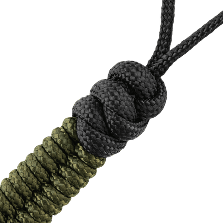 Grön och svart M-Tac Viper Cylindre Lanyard Stainless Steel med dekorativ skandinavisk pärla, tillverkad av spiralflätad paracord.