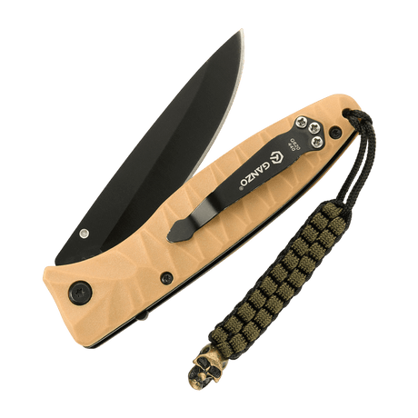 M-Tac Knife Lanyard Cuboid Skull på brun fickkniv med paracord och en dekorativ Cuboid Skull-pärla för ett unikt och taktiskt utseende.