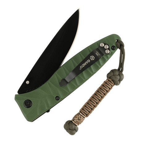 Grön hopfällbar kniv med M-Tac Knife Lanyard Celtic i flätad paracord, stilfullt tillbehör för enklare åtkomst och förbättrad personlig stil.