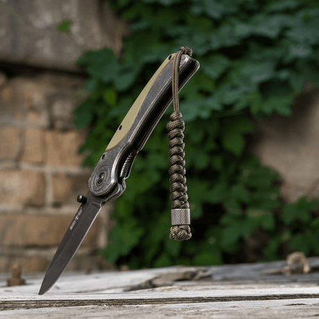 M-Tac Viper Lanyard Stainless Steel med rostfri pärla och paracord vid kniven på utomhusbakgrund.