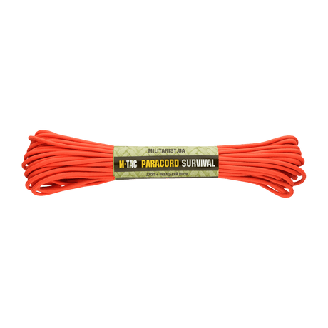 M-Tac Paracord Survival 15m i orange, stark och lätt nylonparacord med 7 kärntrådar, avsedd för överlevnad och friluftsliv.