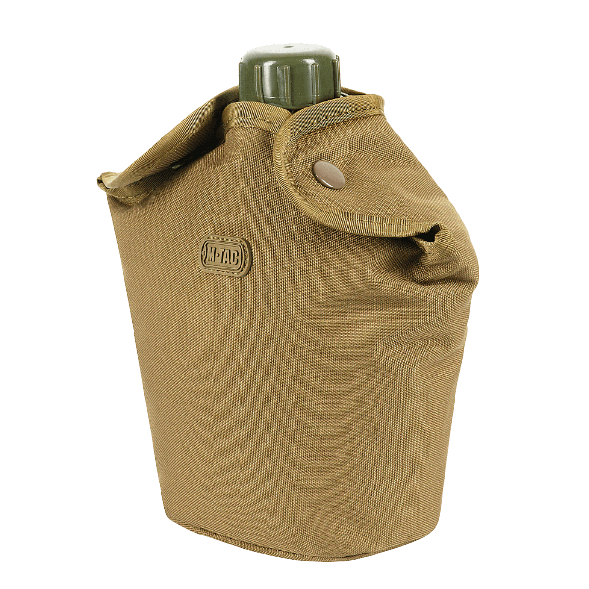 M-Tac Flaskeholder MOLLE i slidstærk polyester 600D, brun farve med knaplukning, designet til drikkeflasker til vandreture eller feltbrug.