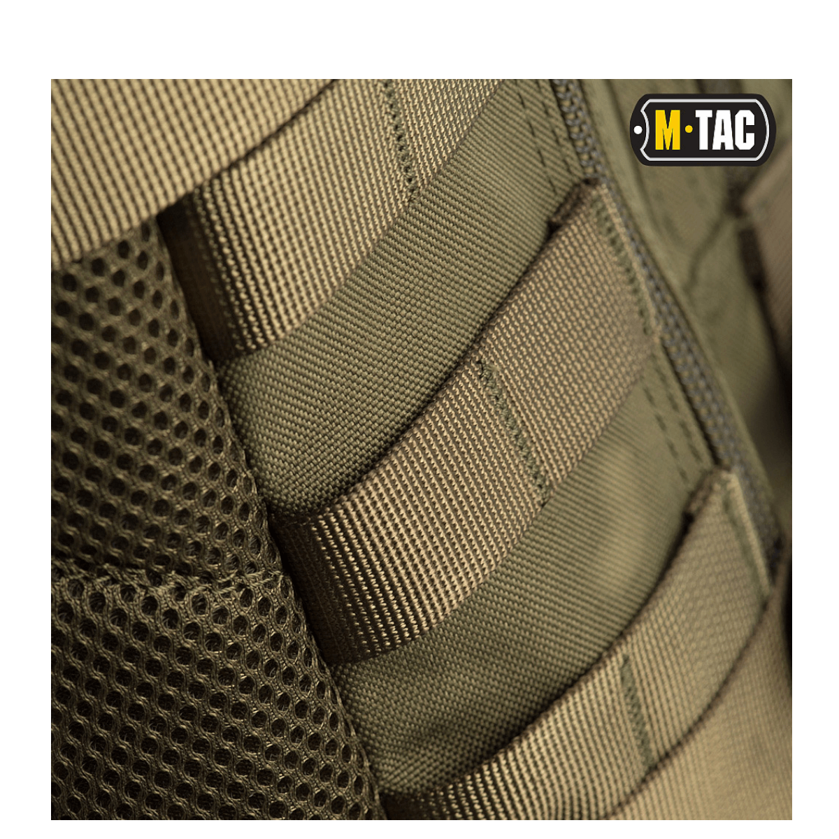 M-Tac Assault Pack med MOLLE-fastgørelsessystem og polstrede skulderremme, byrygsæk detalje