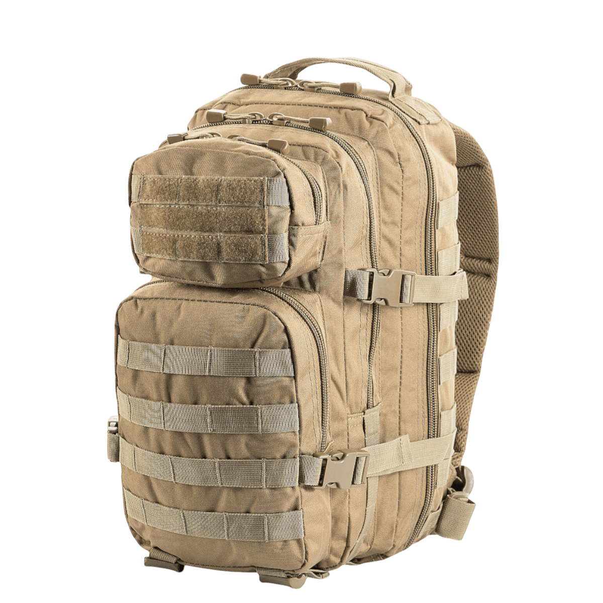 M-Tac Assault Pack i beige med MOLLE-system, to lynlåslommer foran og justerbare skulderstropper. Perfekt til kort vandring eller bybrug.