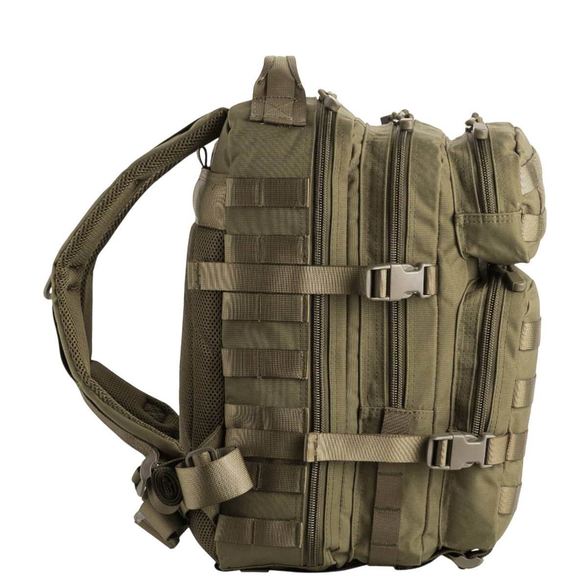 M-Tac Assault Pack i olivengrøn farve med MOLLE-system og lynlås, ideel til byrygsæk eller korte vandreture.