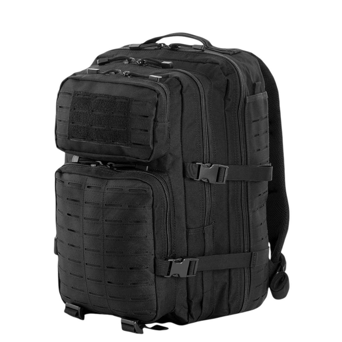 M-Tac Large Assault Pack Rygsæk Laser Cut med MOLLE-system og ventilationslomme, sort design.