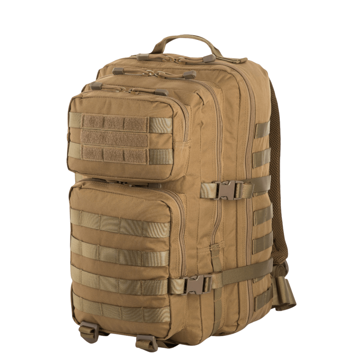 M-Tac Large Assault Pack Rygsæk i beige med MOLLE-fastgørelsessystem, to hovedlommer og justerbare skulderremme.