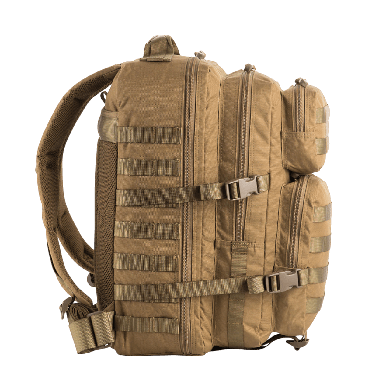 M-Tac Large Assault Pack Rygsæk i beige med MOLLE-fastgørelsessystem, to store hovedlommer og polstrede skulderremme.