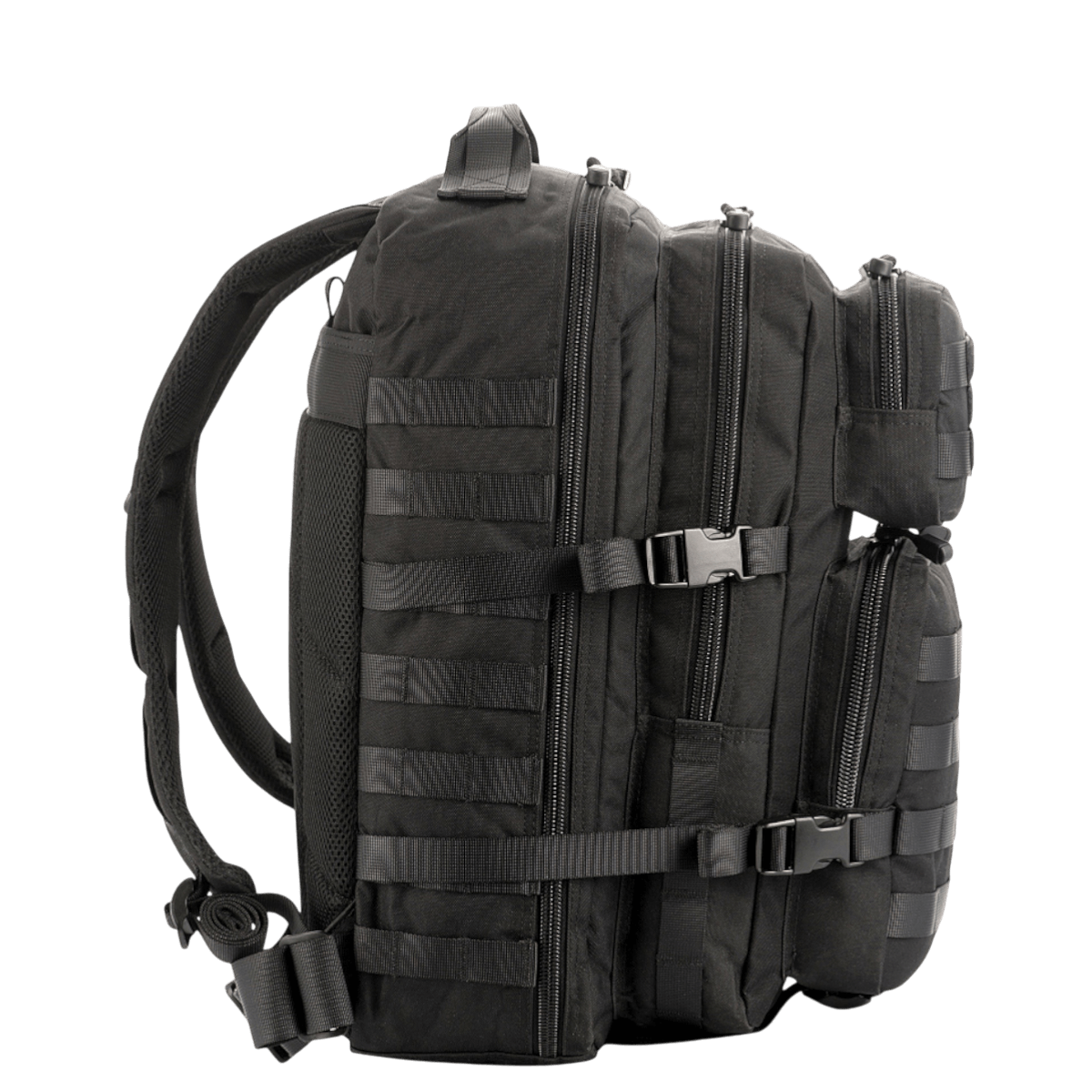 M-Tac Large Assault Pack Rygsæk med MOLLE-system og ekstra lommer, set fra siden, sort farve.