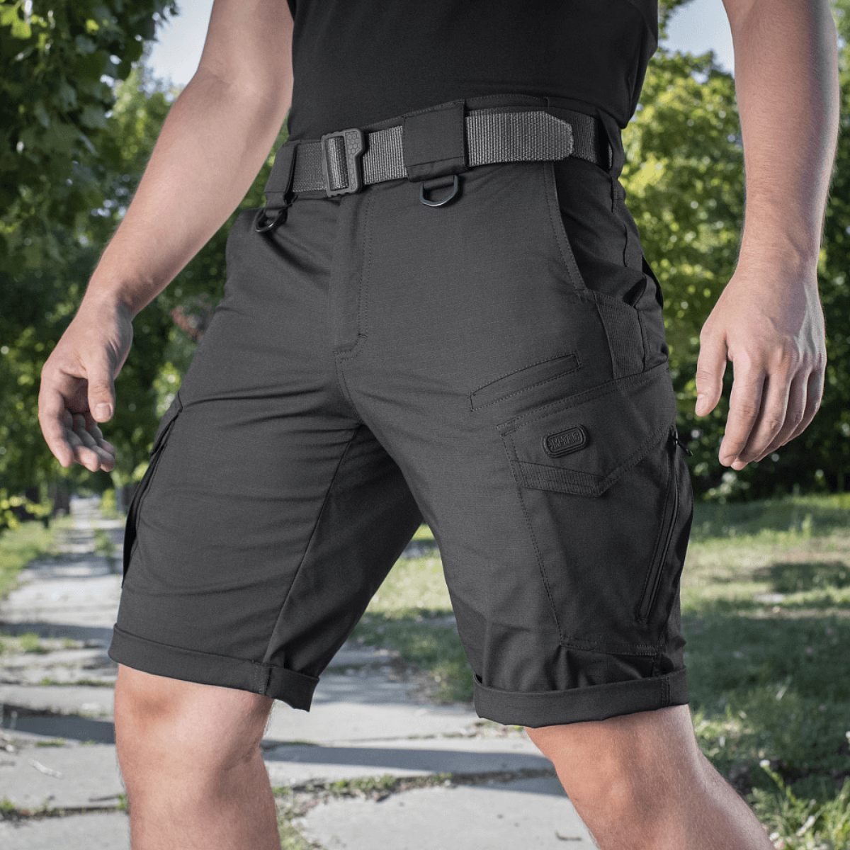 M-Tac Shorts Aggressor Gen.II Flex i sort, ideelle til træning og fritid, med taktisk design og rip-stop materiale til holdbarhed.
