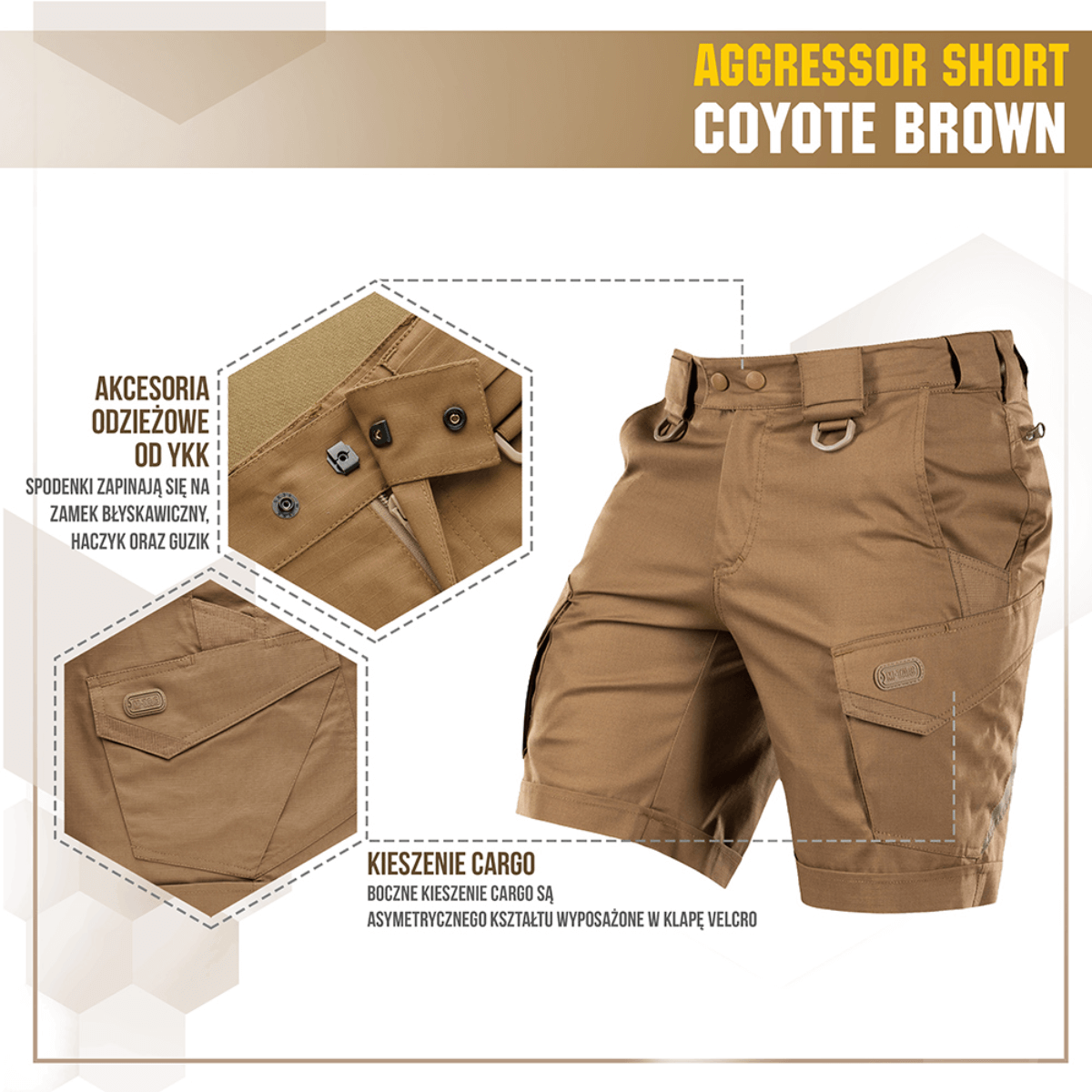 M-Tac Shorts Aggressor Short i coyote brown med taktiske lommer og bærestropper, perfekt til varme dage og aktiv brug.