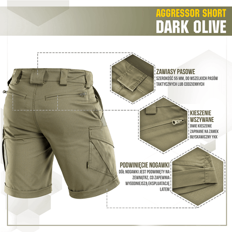 M-Tac Shorts Aggressor Short i mørkegrøn med taktiske funktioner, ideel til varme dage, knælange med elastisk polycotton flex rip-stop.