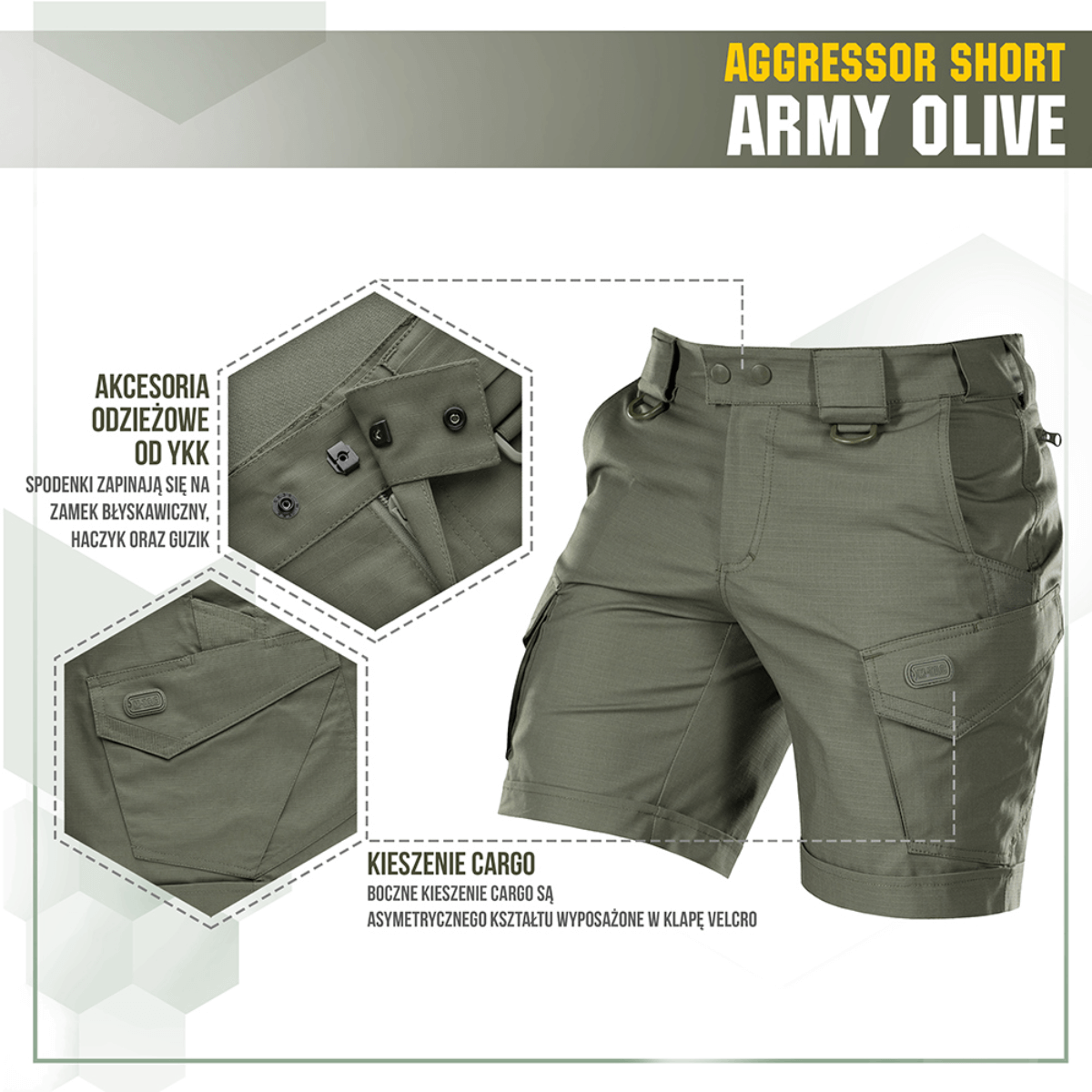 M-Tac Shorts Aggressor Short i Army Olive, taktiske funktioner, komfort og bevægelsesfrihed. Perfekte til byliv og naturen.