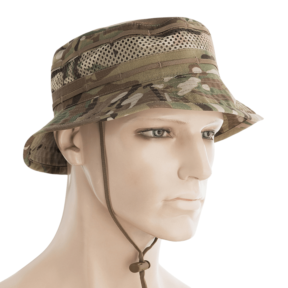 M-Tac Panamahat med Net Elite NYCO med snor og mesh-design for ekstra ventilation, på mannequin. Ideel til udendørs brug i stærk vind.