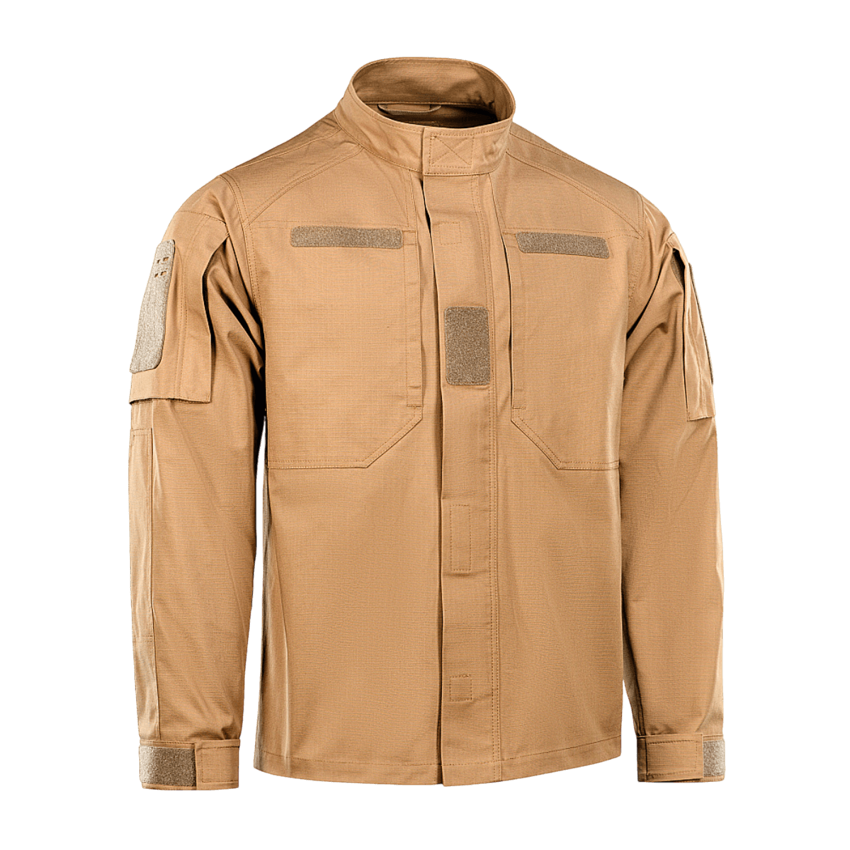 M-Tac Jakke Patrol Flex med ståkrave, Velcro, YKK fittings, og skjulte lommer til taktisk brug. Let figursyet jakke i beige farve.