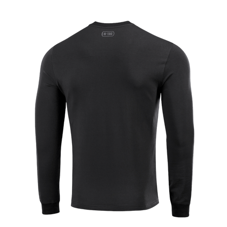 M-Tac Pullover 4 Seasons i svart, sedd bakifrån, gjord av bomull och elastan, perfekt för helårsbruk. Minimalistisk och mångsidig design