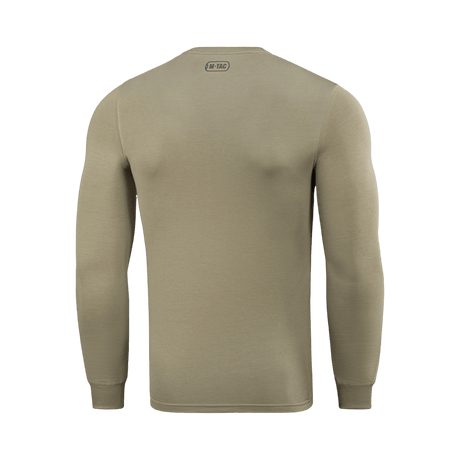 M-Tac Pullover 4 Seasons i beige sedd bakifrån, långärmad, rund hals, mångsidig design för helårsbruk, produktkod på ryggen