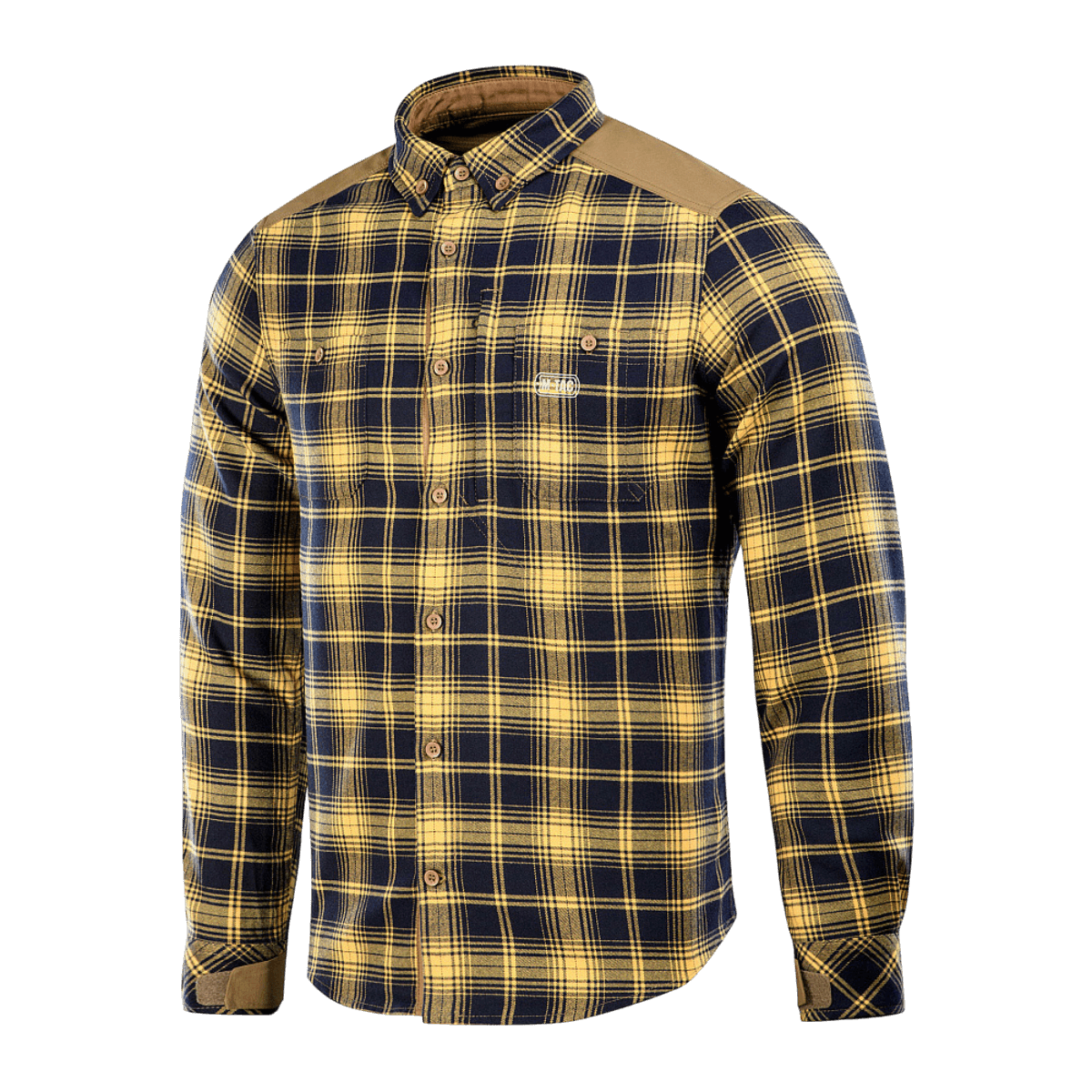 M-Tac Redneck Skjorte i navy blue og gul plaid, taktisk skjorte med justerbare velcro ærmer og forstærkede skuldre.