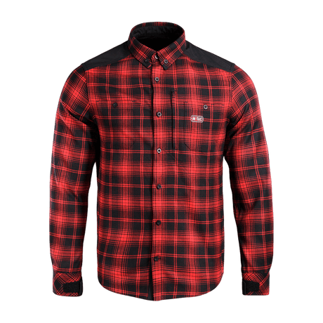 Rød/sort ternet skjorte i plaid design, holdbar og justerbar, perfekt til arbejde og fritid. M-Tac Redneck Skjorte tilgængelig.