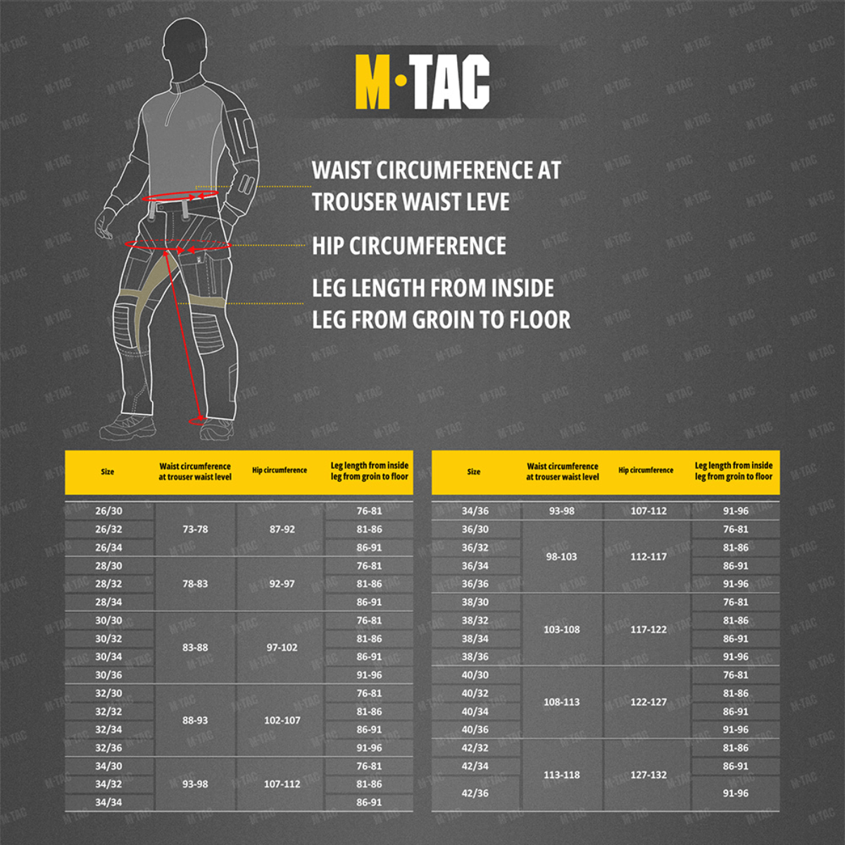 Størrelsesguide for M-Tac Bukser STURM NyCo Extreme Gen.II med talje- og hofteomkreds, benlængde og størrelsestabel.