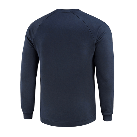 Denimblå M-Tac Cotton Sweatshirt set bagfra, 100% bomuld, løs pasform, ideel til løb og fitness, komfortabel og åndbar.