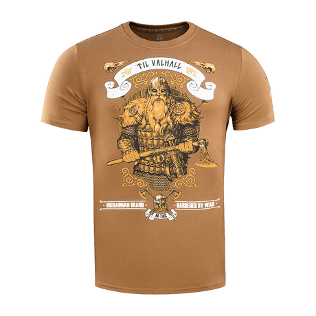 M-Tac T-shirt Viking med vikingemotiv og teksten 'Til Valhall' på forsiden, fremhæver mod og værdier. Lavet af bomuld og polyester.