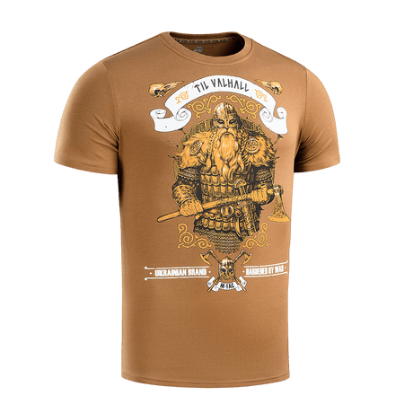 M-Tac T-shirt Viking med vikingemotiv og teksten 'Til Valhall', designet til at fremhæve kampgejst, lavet af 93% bomuld og 7% materiale.