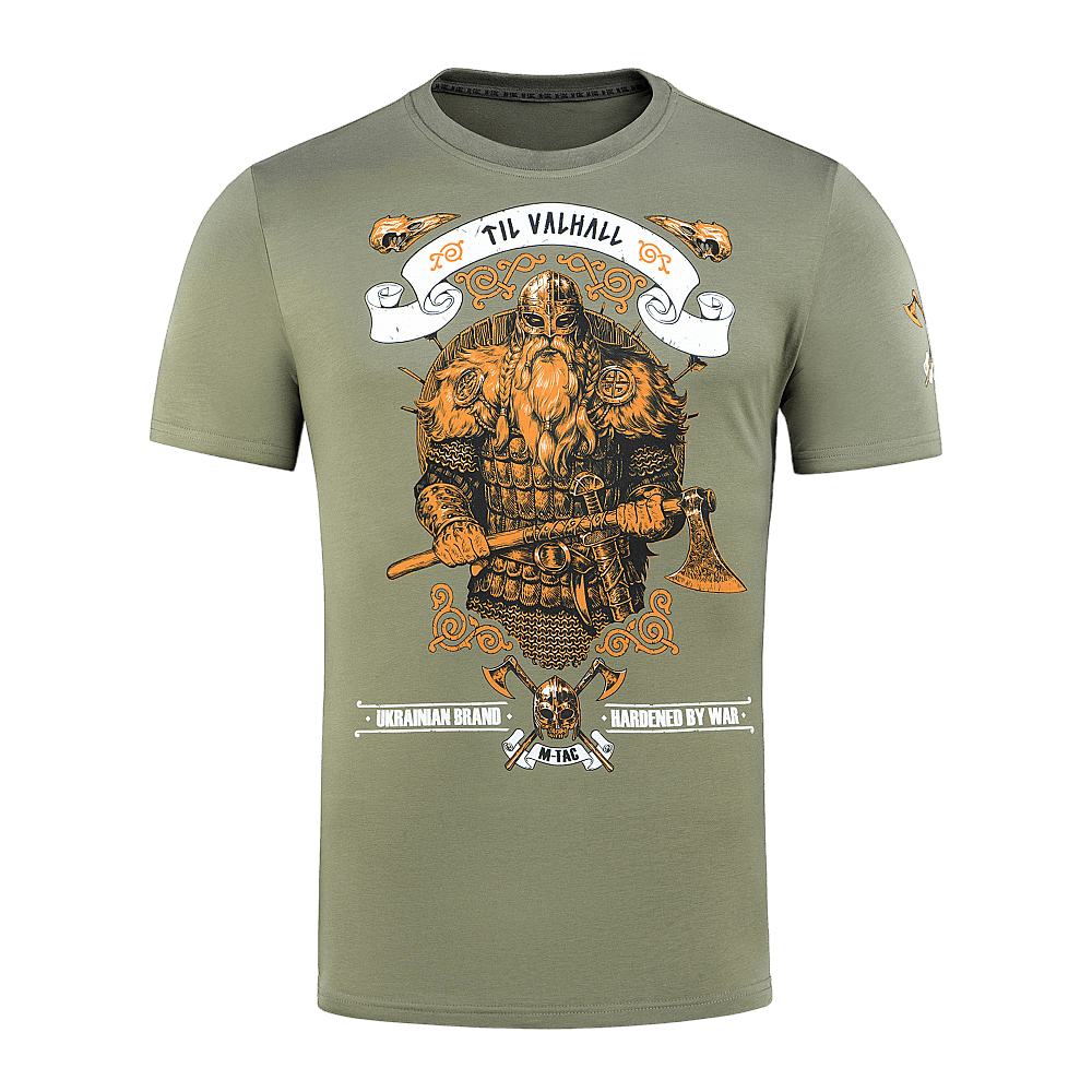 M-Tac T-shirt Viking med motiv af viking i kampudrustning, bærende økse og teksten 'Til Valhall' for kampgejst og værdier.