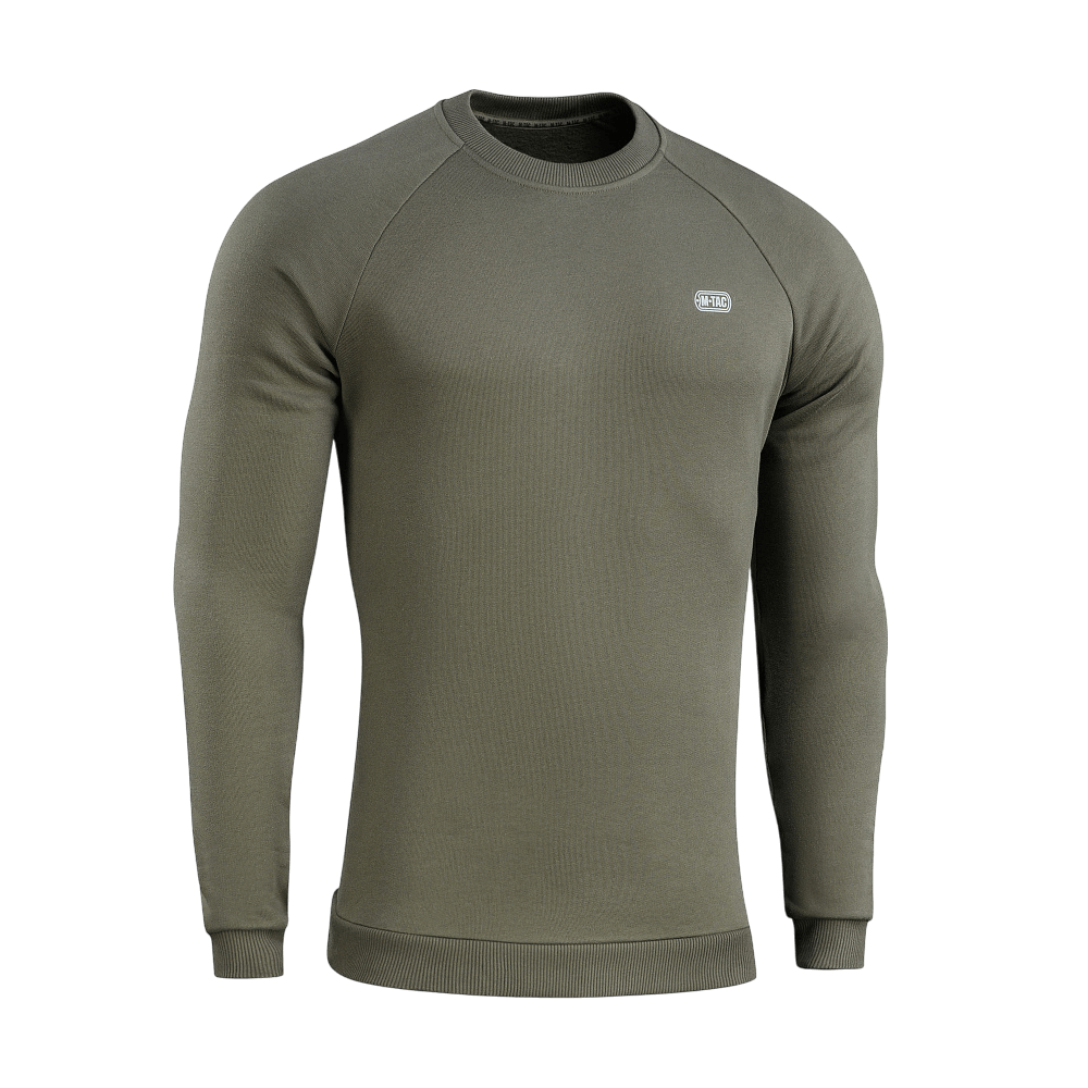 M-Tac Sweatshirt Cotton Hard i olivengrøn farve, lavet af 100% bomuld med reflekterende logo og ribkantdetaljer på ærmer og talje.