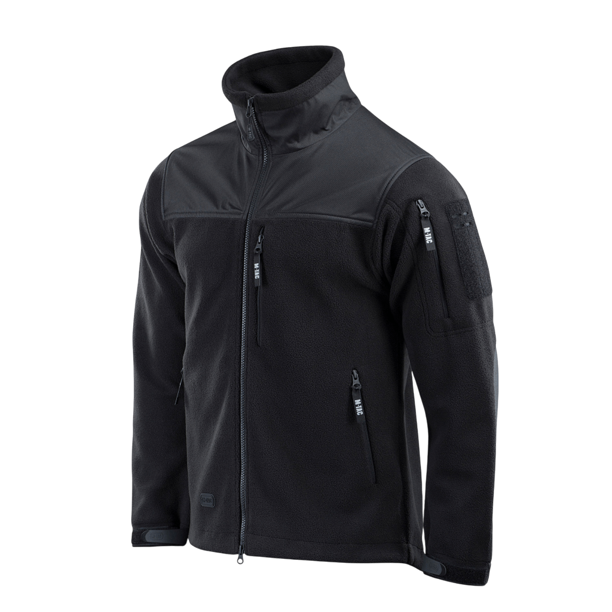 Sort M-Tac Alpha Microfleece Jakke Gen.II til taktisk og outdoor brug i koldt vejr, med forstærket fleece og Oxford nylon.