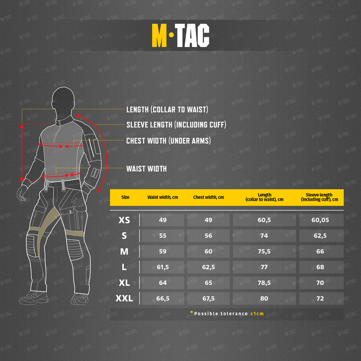 Størrelsesdiagram for M-Tac Division Gen.II Windblock Fleecejakke med mål for talje, bryst og ærmelængde på figuren.