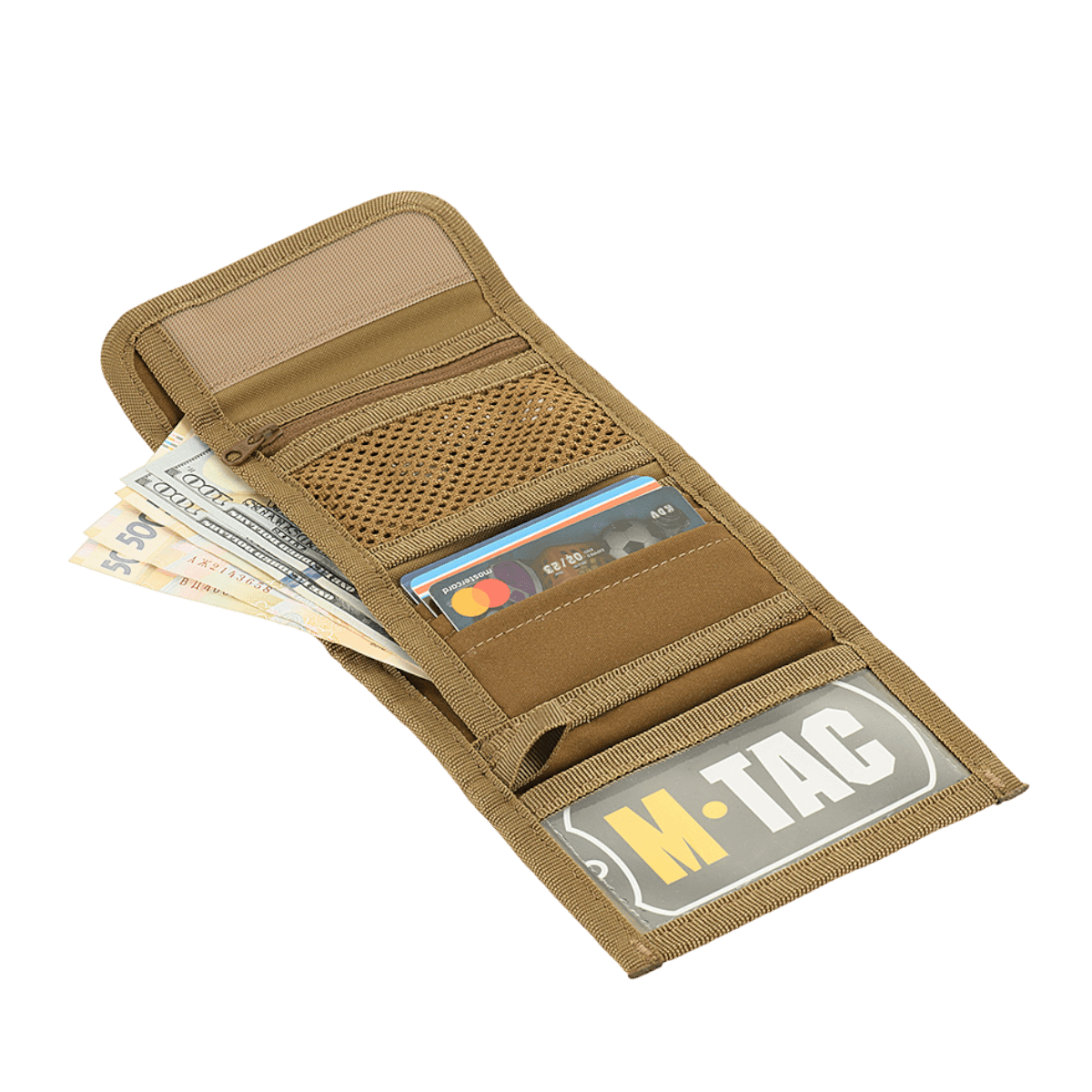 M-Tac Pung med Patch Panel Elite Gen. II i åbnet tilstand, viser rum til kontanter og kort, lavet af slidstærkt materiale.