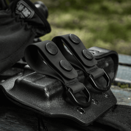M-Tac Set om 2 – Duty Belt Keepers för fästning av polisbälte, svarta med D-ringar, robust och taktisk design.