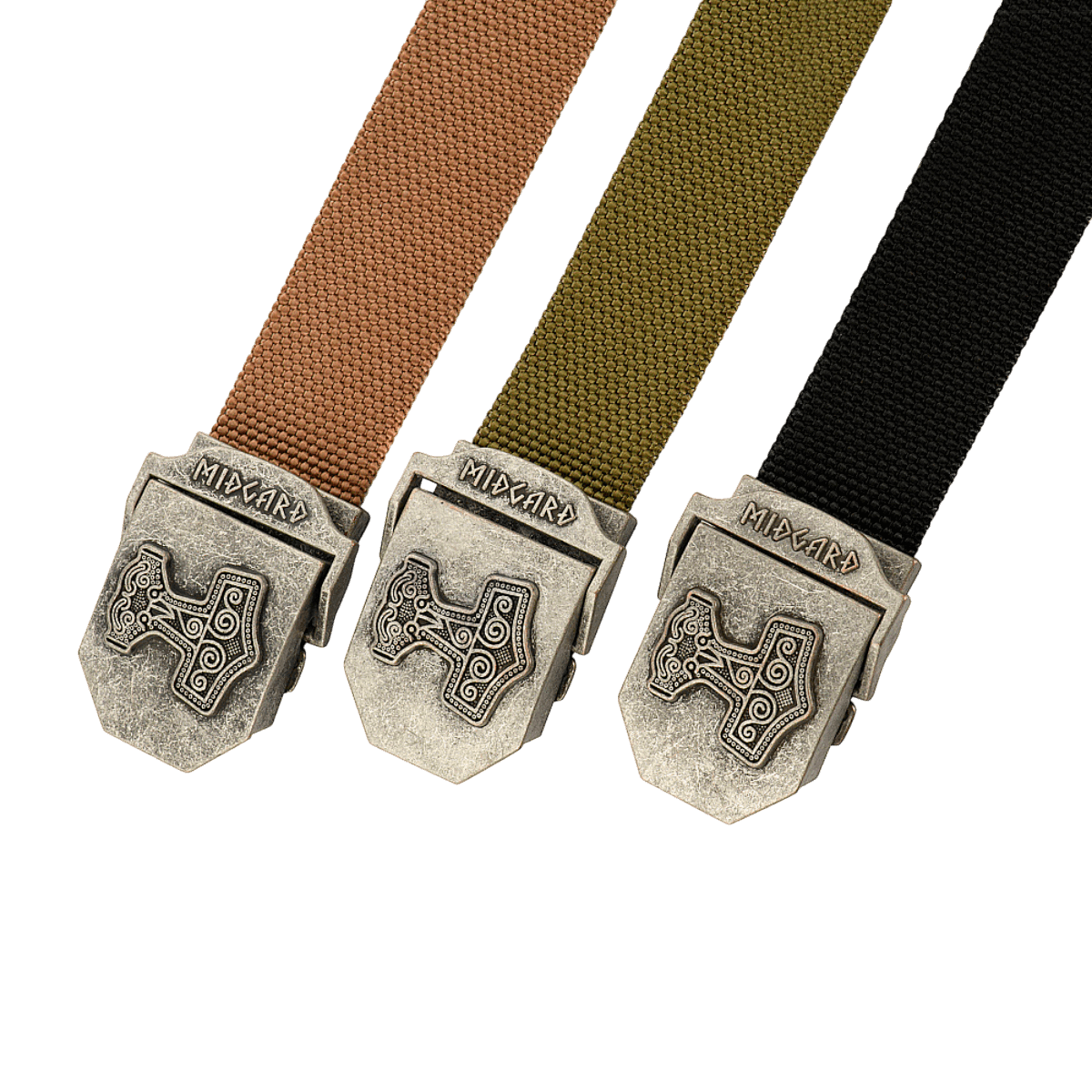 M-Tac Thors Hammer Bælte – Militærstil og funktionalitet, set i tre farver med metalspænde og Thor's Hammer-design.