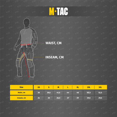 Størrelsesguide til M-Tac Aggressor Summer Flex Shorts med talje- og benmålinger på baggrund