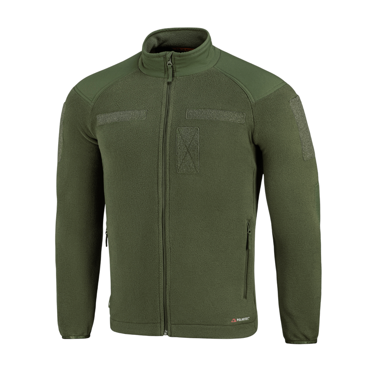 M-Tac Combat Fleece Polartec Jakke i olivengrøn med velcro-paneler og vindbeskyttelse, perfekt til taktisk og casual brug.