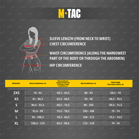 Størrelsesguide for M-Tac Sweater Nord Fleece Polartec Dame med mål for ærmelængde, bryst, talje og hofte i cm.