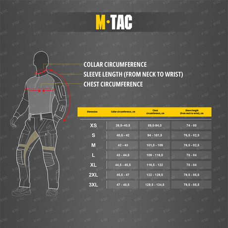 Størrelsesguide for M-Tac Combat Shirt Gen.II Pro NYCO Extreme med mål for krave, ærmelængde og brystomkreds på engelsk.