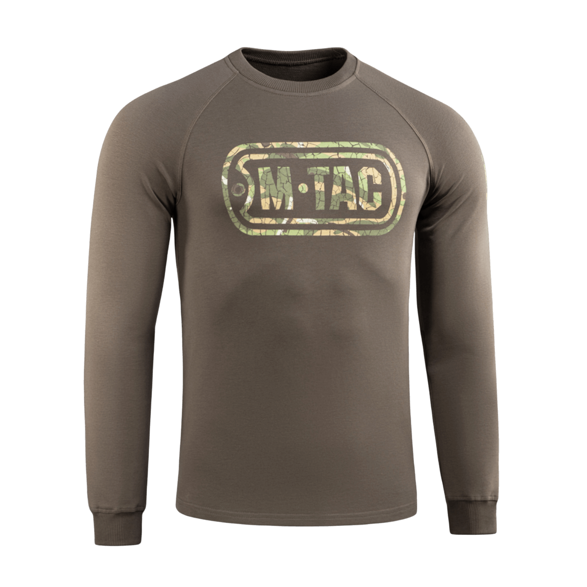 M-Tac Raglan Logo med camouflageprint på brystet, 95% bomuld og 5% elastan, perfekt til militær og taktisk brug siden 2014.