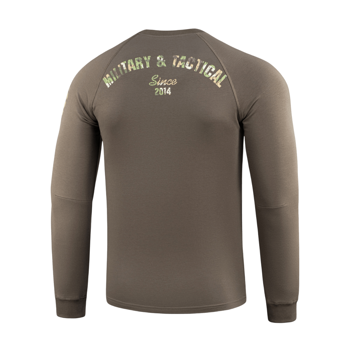 M-Tac Raglan Logo herretrøje med "Military & Tactical Since 2014" print på ryggen, komfortabel pasform, 95% bomuld, brun farve.