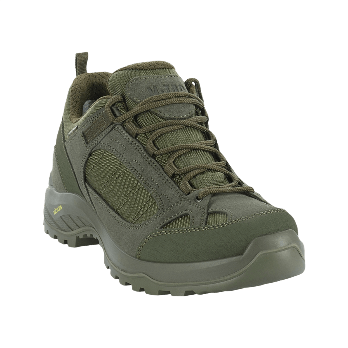 M-Tac Sneakers Tactical Demi-Season Pro Line sko i olivengrøn farve, viser slidstærk suede og Cordura med Vibram-sål.