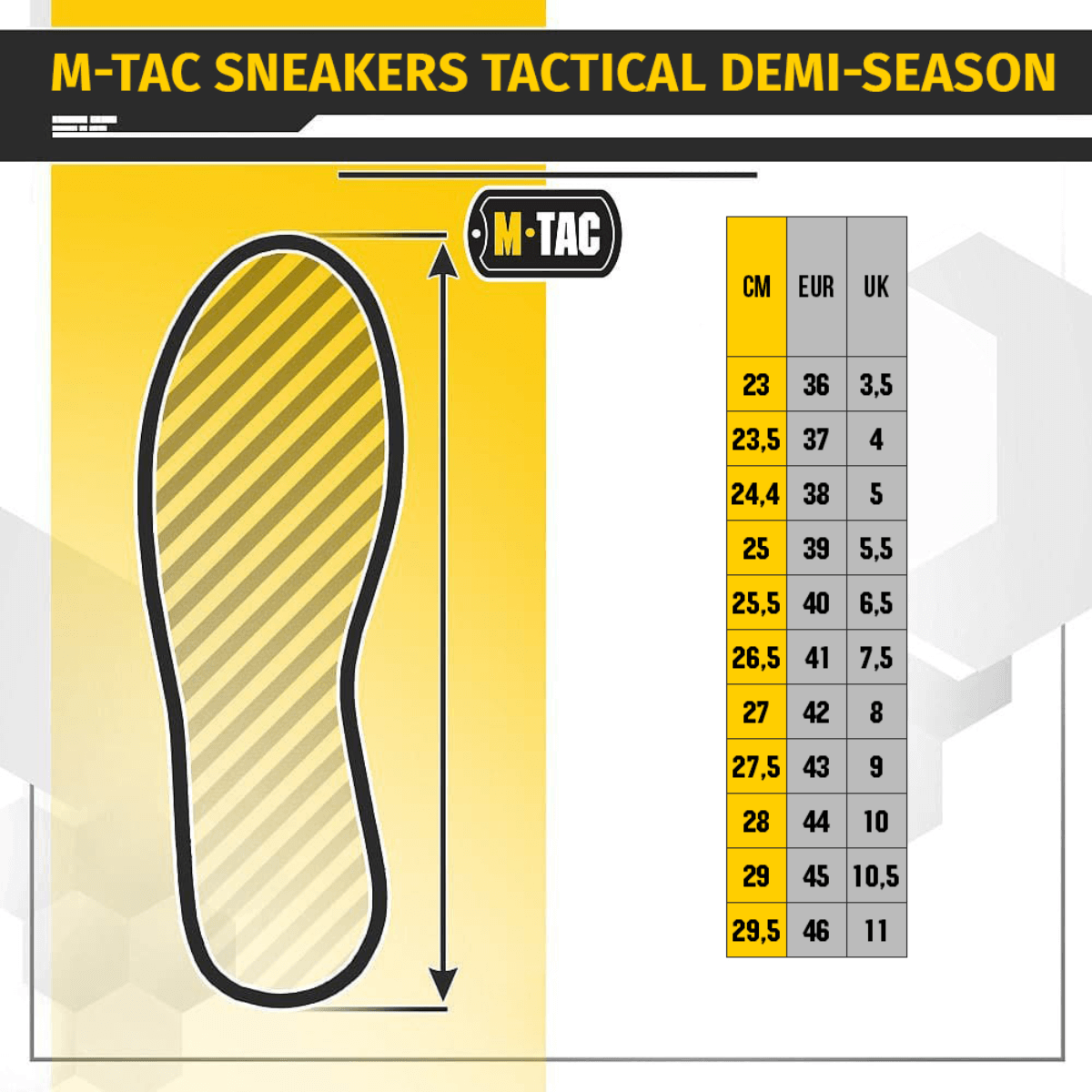 Størrelsesguide for Tactical Sneakers Demi-Season – Let og komfortabel, inklusiv størrelser i CM, EUR og UK. M-Tac skoillustration.