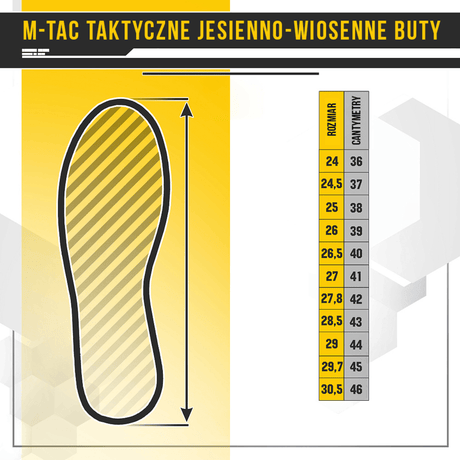 Størrelsesguide for taktiske sko i efterår-forår sæsonen fra M-Tac, inklusive cm-mål og anvisninger for optimale pasform.