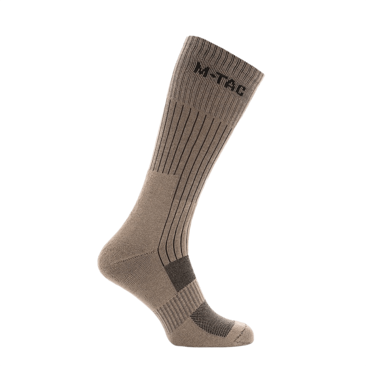 M-Tac Høje Sokker Mk.2 udviklet til trekking med støtte og komfort, termozoner og svangbånd forhindrer glidning, beige farve.