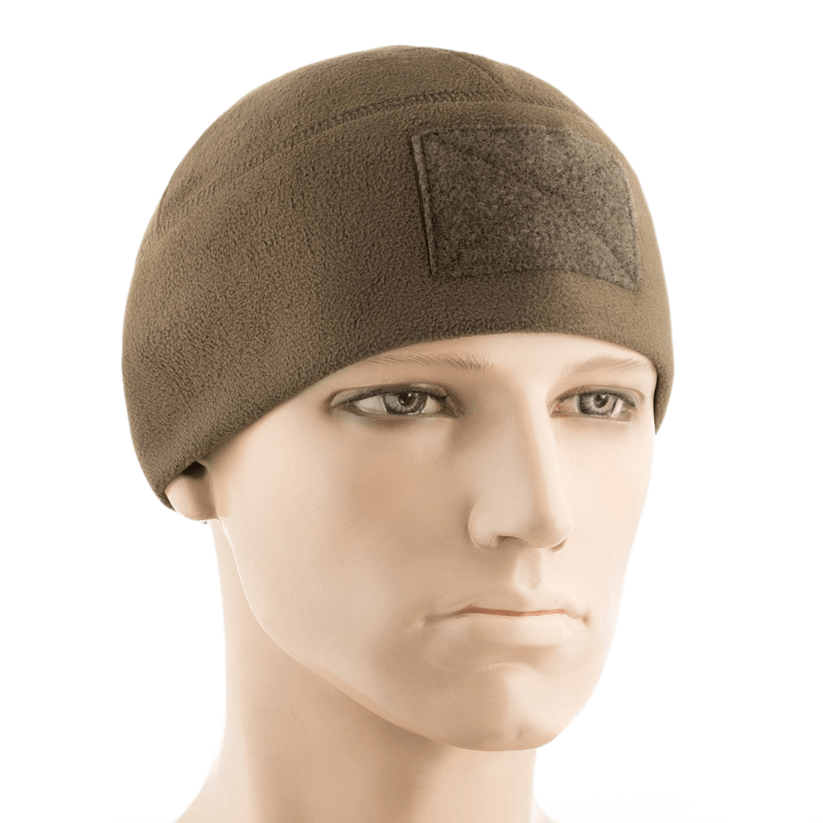 M-Tac Fleece Tactical Watch Cap Beanie m. Patch Panel bæres på hovedet, perfekt til køligt vejr og taktisk brug.