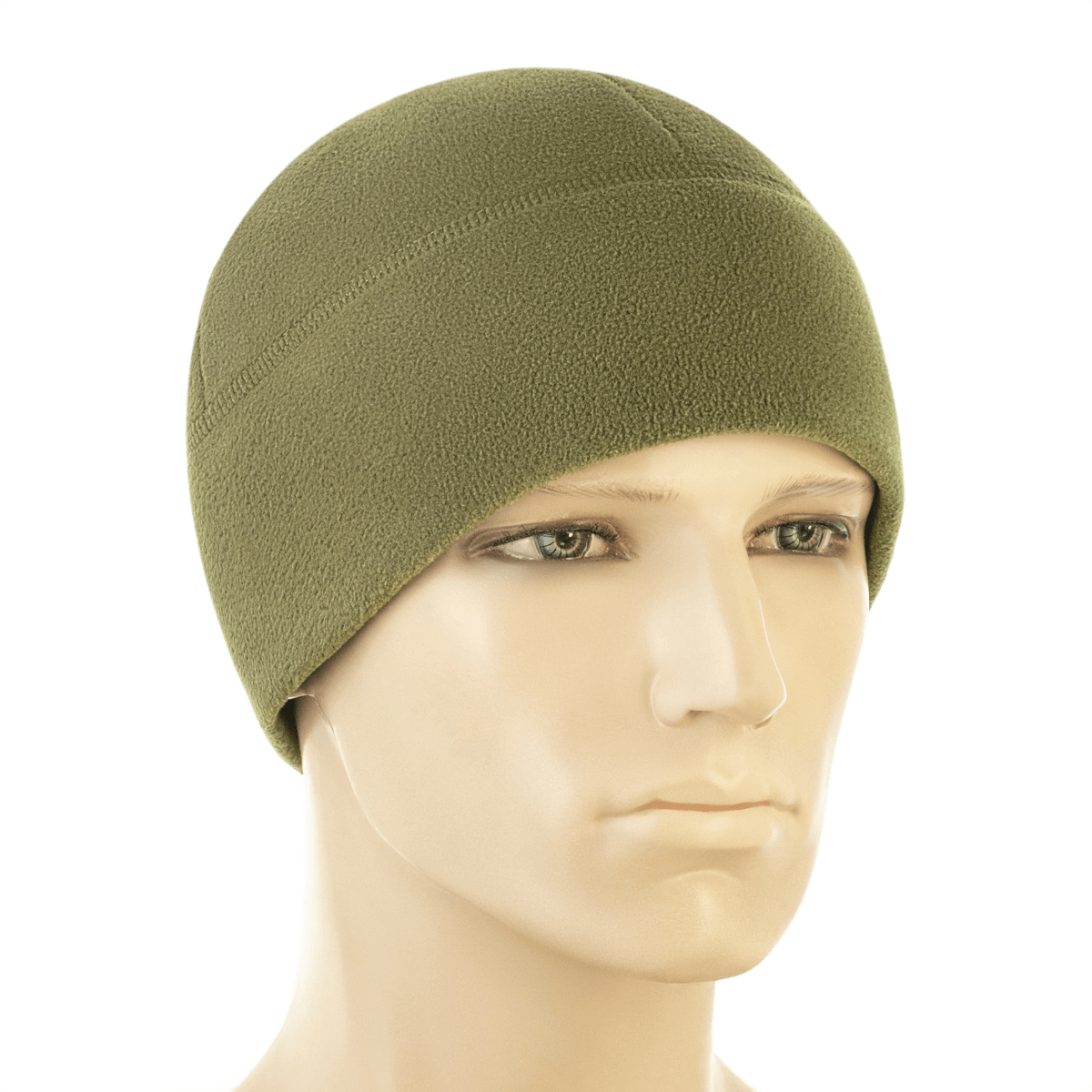 M-Tac Watch Cap Elite Fleece Beanie Hat Slimtex i olivengrøn farve, designet til koldt vejr og taktisk brug, vist på mannequin.